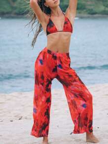 3pcs/Set Summer Tie-Dye Print Halter Backless Swimwear And Allover Print Pants, Casual And Vacation Beachwear For Women