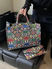 Fashionable Snake Skin Pattern All-Season Travel & Shopping Tote Bag, Extra Large Handbag - Multicolor - View 3