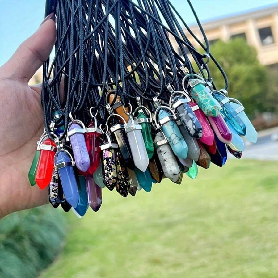 30pcs Multi-Color Crystal Pointed Chakra Pendant, Black Pu Leather Chain Necklace Jewelry, Chakra Crystal Gemstone PendantNecklace Set With Hexagonal Bullet Shaped Quartz Stones + Chain - không xác định - Xem 1