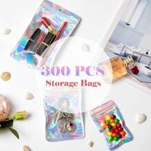 300 Pcs Holographic Mylar Bags, 3 Size Smell Proof Bags With Clear Window Foil Pouch Bags Resealable Bags For Small Business And Food Storage - 白色 - 查看 2