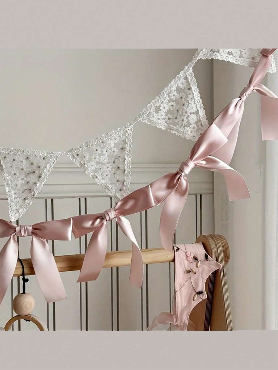 1 件，蝴蝶结丝带花环旗帜，蝴蝶结手工悬挂花环，甜蜜房间壁挂横幅，适用于生日房间少女心装饰婚礼派对装饰