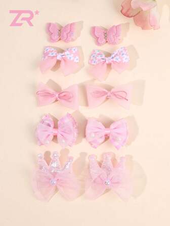 10 件粉色蝴蝶结套装发夹精致甜美可爱女孩发夹，精致发夹薄纱网眼蝴蝶结发夹时尚粉色小发饰适合女孩青少年