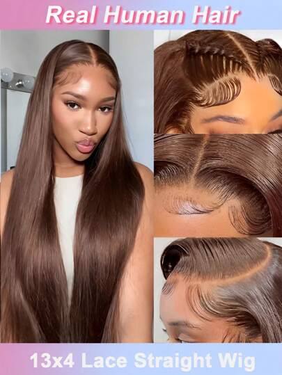 38 英寸巧克力棕色直发 13x4 蕾丝前假发 人发无胶假发 巧克力棕色预拔发际线透明蕾丝前假发 人发 4# 深棕色 带婴儿头发