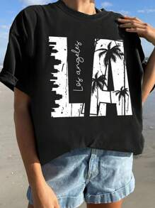 Camiseta feminina casual folgada com estampa de palmeiras da Califórnia, ideal para praia no verão, blusa simples de manga curta com gola redonda, cor sólida, para uso diário. - Preto - Ver 3