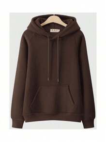 Women's Solid Color Hooded Sweatshirt With Lining And Drawstring - Marrón - Ver 2