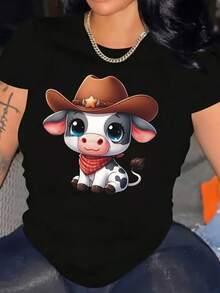 Vibrant Hiland Cow Graphic Tees Stylish Crew Neck Women Casual Round Neck Short Sleeve - Black - View 1