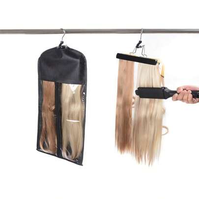 1 个假发收纳袋、带防尘罩的发架、拉链假发发夹、假发收纳袋、无纺布假发挂夹（不含假发）-黑色