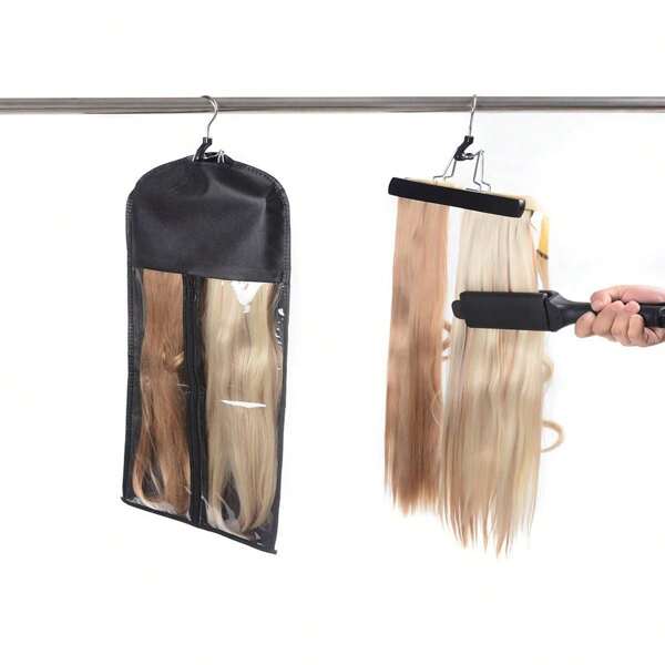 1 Bolsa de almacenamiento para peluca, percha para el cabello con cubierta antipolvo, clip para cabello de peluca con cremallera, bolsa de almacenamiento para peluca, clip colgante para peluca de tela no tejida (sin incluir pelucas) - Negro