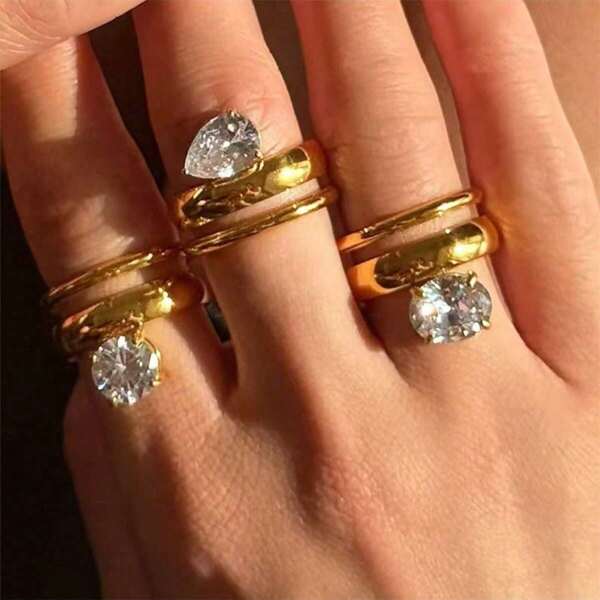1pc Vintage 18K Gold-Plated Stainless Steel Cubic Zirconia Decorated Double-Layer Ring, Suitable For Women Daily & Wedding Wear, Gifts