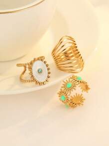 Set de 3 anillos de acero inoxidable en dorado, blanco con turquesa y verde con girasol, adecuado para uso diario o como regalo - Amarillo Oro - Ver 2
