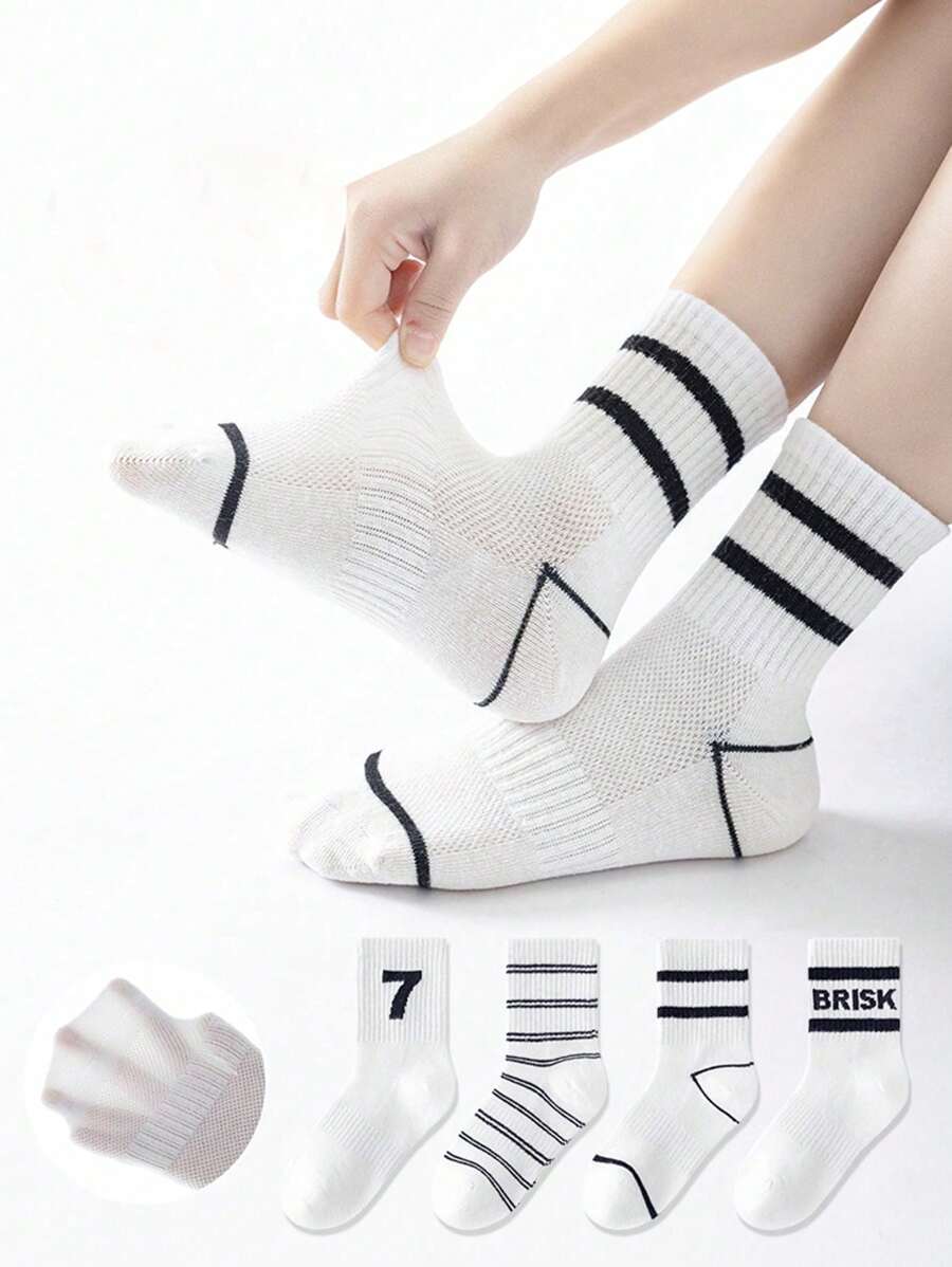 4 Pairs Boys' Simple Numeric Print Mesh Sports Socks, Casual Style, Spring/Summer