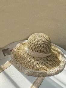 1pc Japanese-Style Summer Beach Hat, Women's Lace Straw Hat, Fresh Protective Sun Hat For Travel & Vacation, Foldable