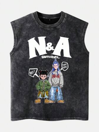 男士街头风格仿旧效果无袖图案 T 恤，采用动漫人物和极简主义字母印花，适合校园、休闲和日常穿着