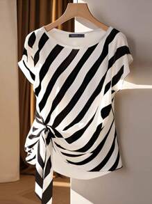 ZANZEA Women Round Neck Short Sleeve Striped Patchwork Tops Knot Shirt Blouse Summer Holiday Party Casual T-Shirt - màu đen - Xem 2