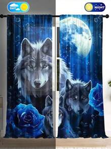 2pcs/Set Partially Sheer Window Curtains, Forest Animals Under Moonlight Pattern, Suitable For Bedroom, Living Room, Home Decor