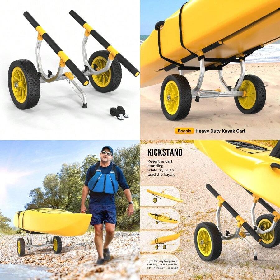 Bonnlo Kayak Cart Heavy Duty Universal Kayak Trailer Adjustable Width 6.3"-18.7" Canoe Cart Dolly With 12" Flat-Free Kayak Wheels And Kickstand 450 Lb Weight Capacity Kayak Trolley Transport