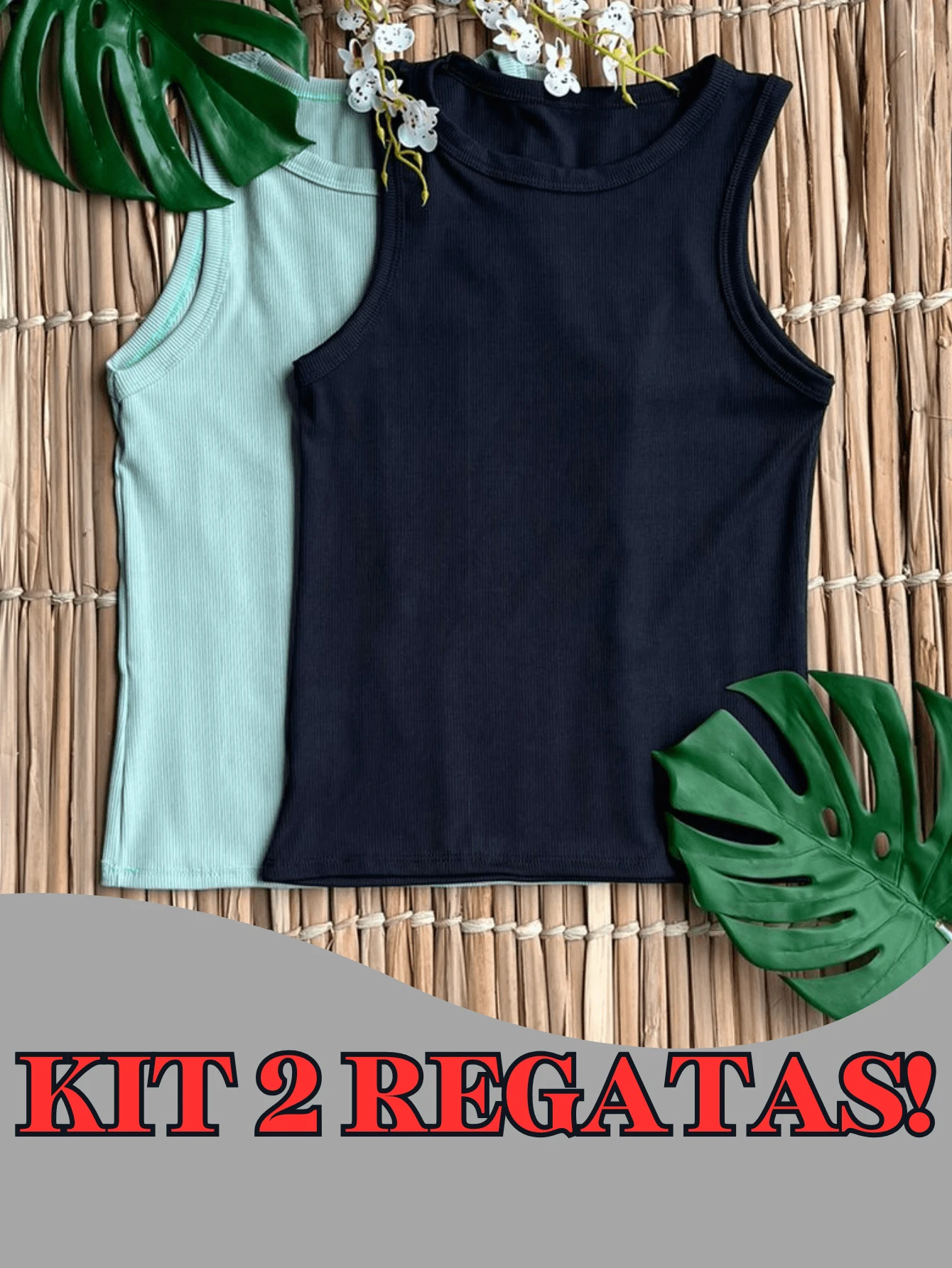 Kit 2 Women's Plain Ribbed Tank Top Basic T-Shirt Casual Sleeveless Blouse - 綠/黑 - 查看 1