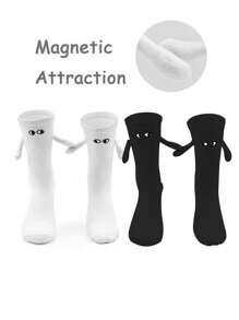 1/2/4/5/10 Pairs Women Black & White Magnetic Couple Socks, Cute Stick-Together Automatic Foot Holding Mid-Calf Socks, Spring/Autumn - Black and White - View 1