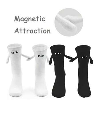 1 Or 2 Pairs Women Magnetic Attracting Black & White Couple Hand-In-Hand Socks, Cute Sticking Automatically Holds Feet Mid-Calf Socks, Spring & Autumn