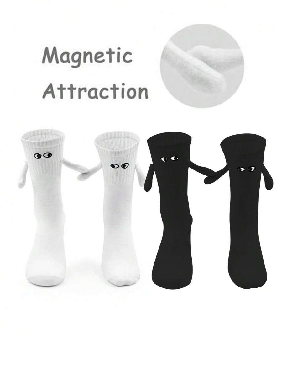1/2/4/5/10 Pairs Women Black & White Magnetic Couple Socks, Cute Stick-Together Automatic Foot Holding Mid-Calf Socks, Spring/Autumn - Black and White - View 1