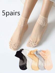 جوارب للنساء، خفيفة للربيع والخريف من الحرير الرقيق، شبكية وسطية قصيرة قابلة للتنفس للصيف، جوارب مزينة بالدانتيل - متعدد الألوان - مشاهدة 2
