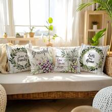 4pcs/Set 17.7*17.7in (45*45cm) "Love Of Family" Rustic Wood Grain Olive Watercolor Print Polyester Pillow Cover (Single-Sided Printing), Home Sweet Home Decorative Cushion Cover For Living Room Sofa Bedroom Headboard, Suitable For Daily Use Or Home Decor, Car Headrest