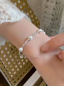1pc Luxury Minimalist S925 Sterling Silver Star & Faux Pearl Beaded Bracelet, Suitable For Women Daily Wear/Gift, 3.6g