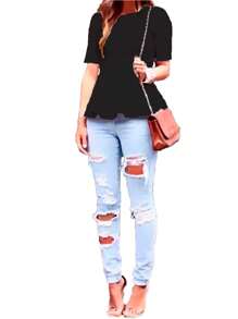 Short Sleeve Ruffle Blouse - Black - View 2