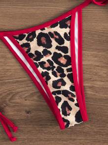 Women's Backless Leopard Print Patchwork Bikini Set (Top And Bottom), Casual Summer - Red - View 8