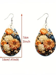 1Pair Bohemian Flower Wooden Small Water Drop Earrings, Watercolor Flower Pattern Earrings Pendant, Girls Jewelry Gift
