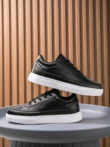 Men's Solid Color Basic Low-Top Casual Sneakers, Teenagers' Daily Commute Versatile PU Shoes, Suitable For Outdoor Sports, Casual Wear, All Seasons, Gender Neutral Plus Size Couple Shoes - Black - View 5