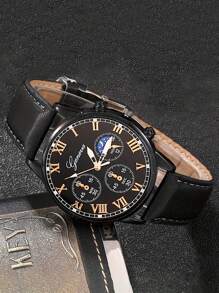 Reloj de cuarzo para hombre con correa, reloj de pulsera casual de negocios de moda con tres ojos y números romanos