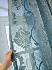 1pc Elegant Knight Blue Sheer Curtain, Classic Damask Jacquard Pattern, Rod Pocket Top, Easy To Hang, Premium Fabric, Moderate Thickness, Excellent Appearance And Feel, Suitable For Classical Home Decor In Bedroom, Living Room, Office