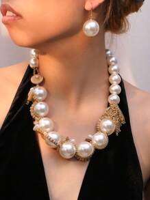 Set de 3 piezas de collar y aretes tejidos con perlas falsas, elegante y apropiado para uso diario, fiestas, regalo para mamá