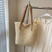 Solid Color Weaving, Large Capacity, Simple And Versatile. Summer Beach Vacation, Fashionable Shopping, Small And Fresh Rural Style. Commuting, Class, Work. Women's Shoulder Woven Bag