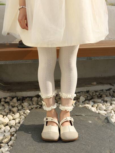 1pc Baby Solid Color Lace Hollow Breathable Leggings