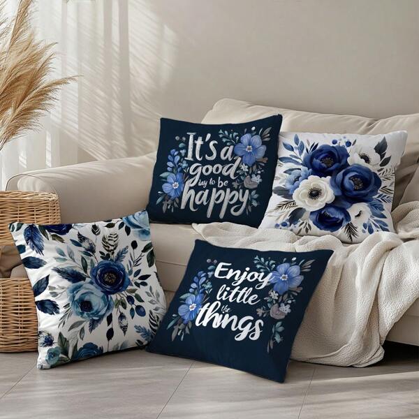 4pcs Minimalist Blue & White Floral Decorative Pillow Covers, Single-Sided Printed Soft Peach Velvet Material, 45*45CM Cushion Covers For Indoor Sofa, Party Decor, Pillow Sleeve Gift
