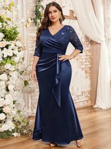 Plus Size V-Neck Sequin Floral Lace Contrast Ruched Ruffle Trim Satin Mermaid Hem Evening Party Dress, Formal Gown, Guest, Graduation, Dinner Elegant - Navy Blue - View 7