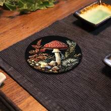 6pcs Wood Coasters With Felt Pads, 2D Mushroom Forest Art Design, Suitable For Holding Beverages, Coffee And Tea, Ideal For Home, Bar, Restaurant Decor, Christmas Gift, Table Mats And Tableware Accessories
