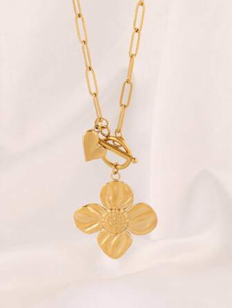 1 件装不锈钢花朵吊坠项链 女士时尚心形吊饰链式项链 珠宝礼物