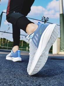 Men's Breathable Mesh Running Shoes, Summer Colorblock Lace-Up Sneakers With Shock Absorption, Lightweight Soft Sole Outdoor Sports Shoes - Blue and White - View 11