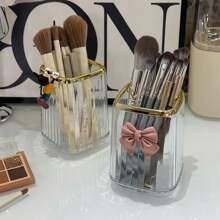 亚克力办公桌收纳盒 - 透明笔筒和收纳盒，化妆刷架，办公室和宿舍必备的塑料，带粉色蝴蝶结装饰