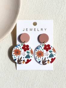 1 Pair Women Daisy Flower Printed Clay Texture Cute Elegant Acrylic Round Earrings - Multicolor - View 3