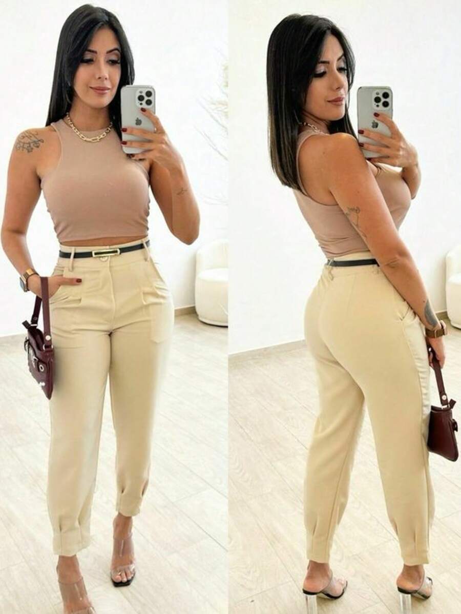 Women's High Waist Tailored Trousers With Casual And Formal Pleats - Màu be - Xem 1