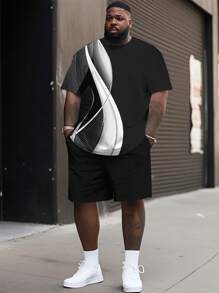 2pcs Set: Plus Size Men's Letter Print Round Neck Short Sleeve Casual T-Shirt And Drawstring Waist Shorts, Summer - Black - View 3