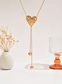 1pc Fashionable Minimalist Gold Heart, Starfish, Bow Knot, Glass Rhinestone Tassel, Rhinestone Tassel, Faux Pearl Inlaid Gemstone Chain Necklace, Rose Pattern Heart Pendant, Copper Snake Bone Chain Clasp, Women's Minimalist Y-Shaped Long Necklace, Suitable For Women's Vacation, Party Wear - Gold - View 4