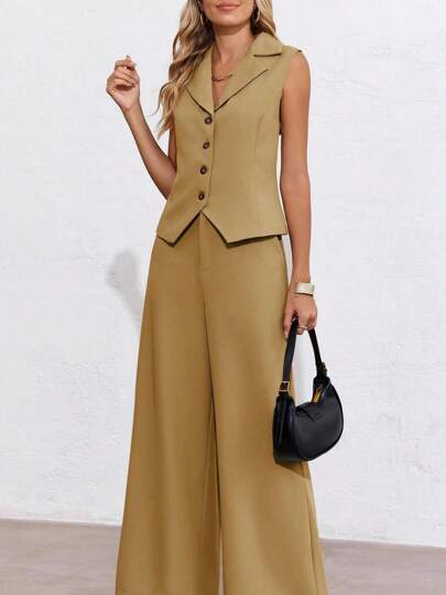 Womens Vest Sets Summer 2 Piece Elegant Outfits Button Crop Blazer Vest And Wide Leg Pant Suits
