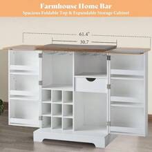 Merluxy 61" Farmhouse Bar Cabinet With 9 Wine Racks, Folding Liquor Storage, Expandable Coffee Bar Station With Drawer, Rustic White Mini Bar For Kitchen & Dining Room