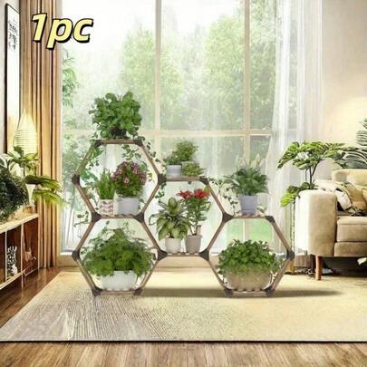 六角形木质植物展示架 | 7层楼梯设计 | 适合室内/室外使用 | 转角窗、阳台、客厅装饰 | 多层植物架 居家必备