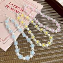 1pc Flower & Faux Pearl Beaded Lanyard, Phone Strap, Bag Charm Gifts For Mother, Family, Friends, Birthday, Holiday Phone Charm, Phone Chain